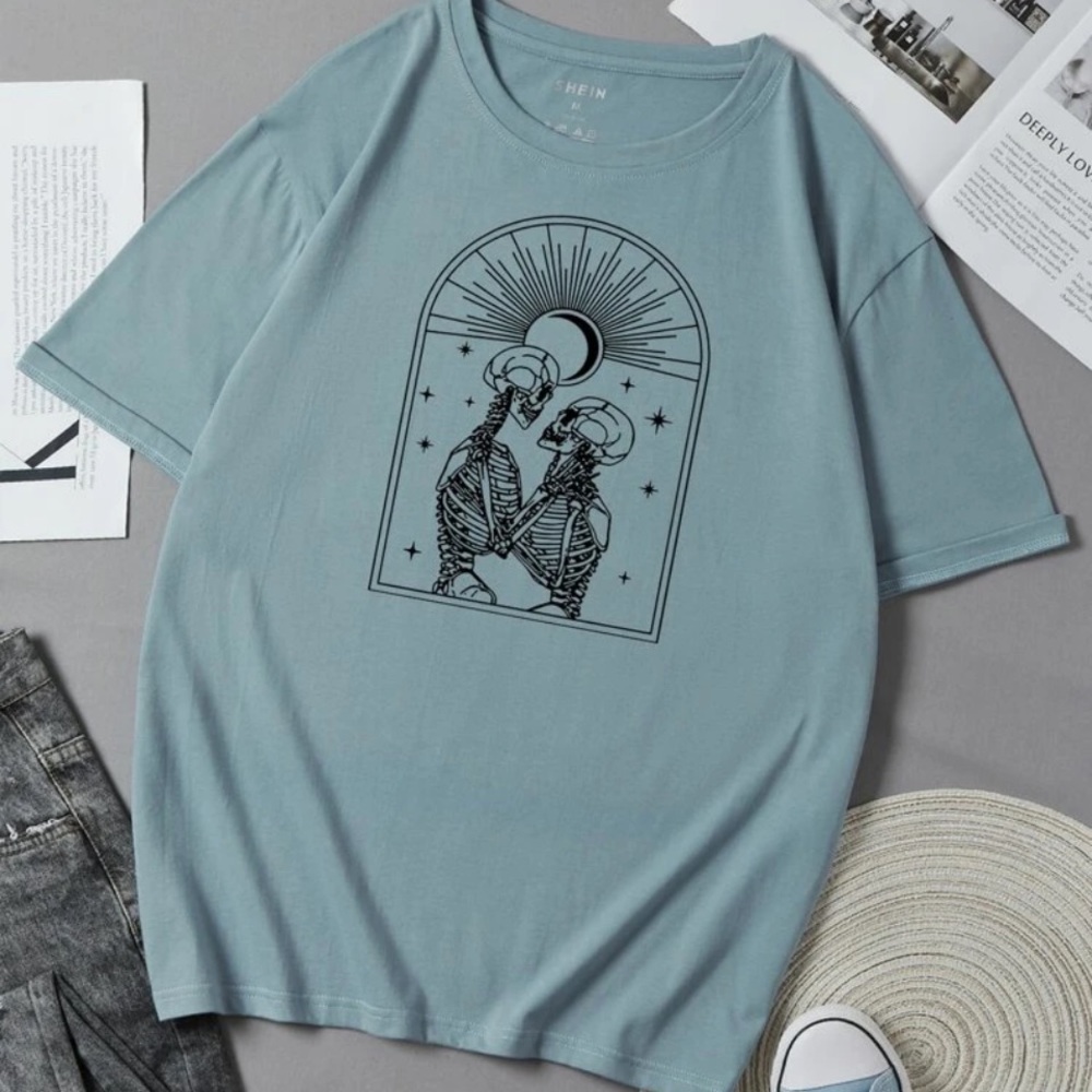 Dusty Blue Mens Skull Print T-Shirt